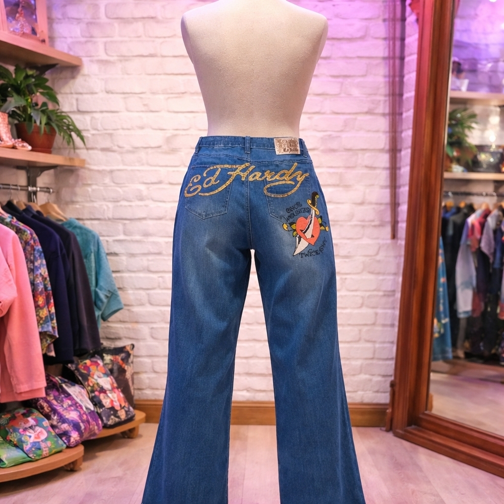 Ed Hardy Women's Flare Jeans in Blue with Gold Accents, Size 34, NWT